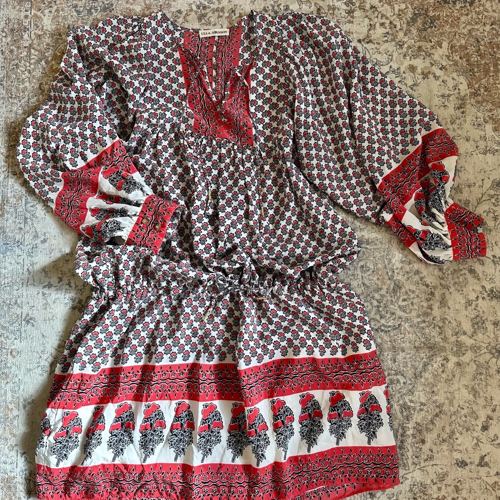 Ulla Johnson Red, White & Black Printed Midi Dress